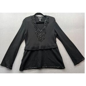 INC International Concepts Sweater Womens L Black Beaded V Neck Silk Angora